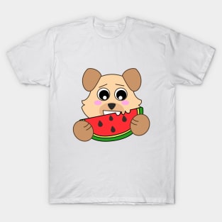 Kawaii chibi dog eating a watermelon fruit slice T-Shirt